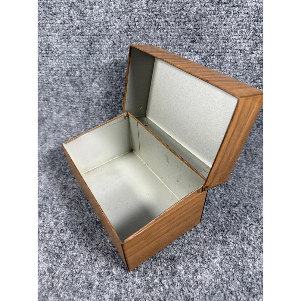 Vintage Faux Wood Grain Metal Hinged Storage Box Mid‎ Century Recipe Tin Brown